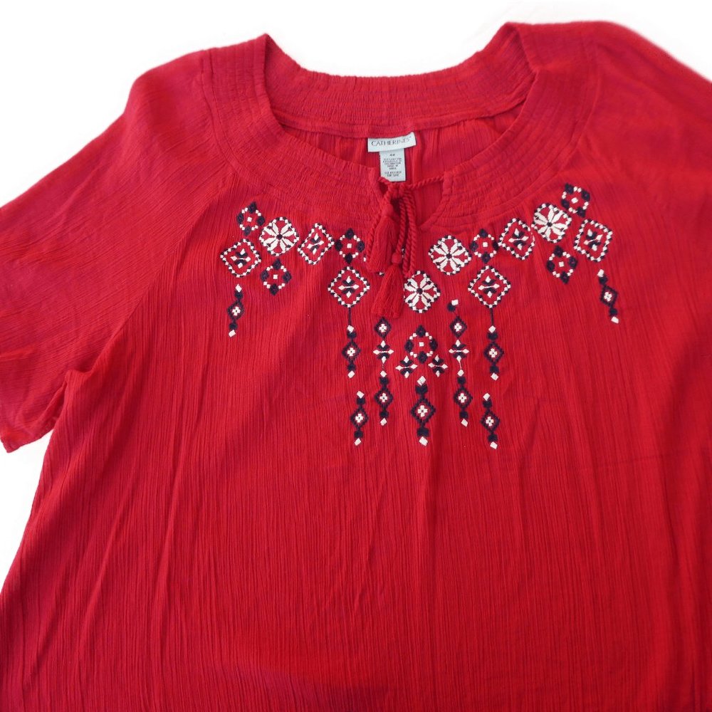 Catherines Red Cotton India Gauze Top Embroidered Keyhole Tie Tassels Smocked 4X - Picture 5 of 8